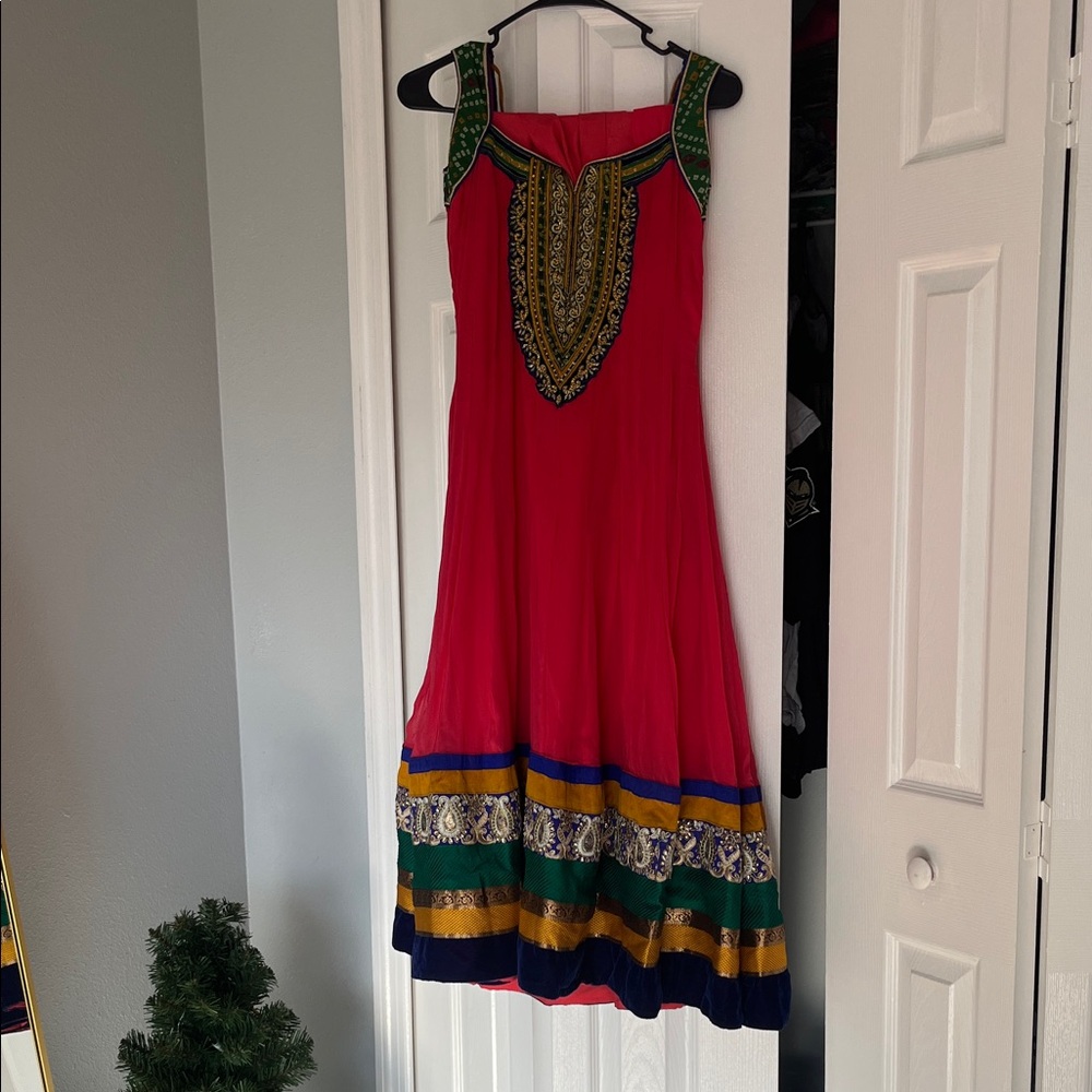 Elegant Pink and Green Embroidered Dress